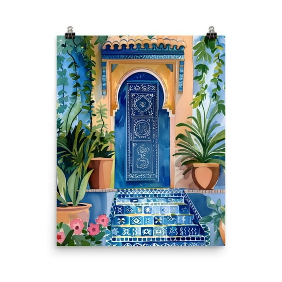 Moroccan Blue Door Print, Arabesque Wall Art, Chefchaouen Morocco Poster, Mediterranean Travel Decor, North African Artwork Home Decor #3667, Unframed Poster Size 12x18
