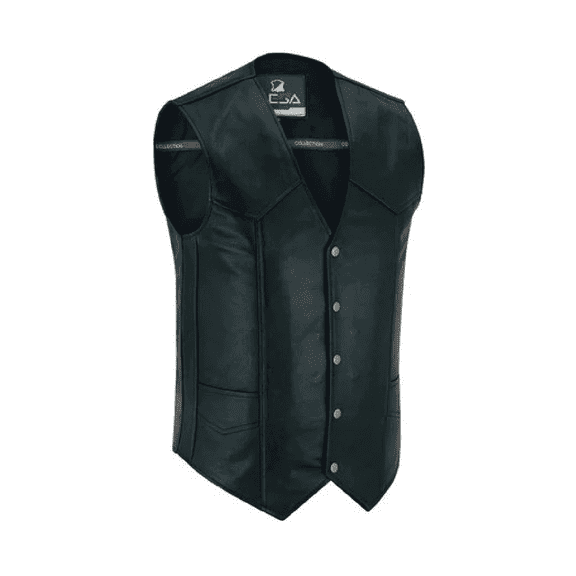 Lesa Collection Classic Black Cowhide Leather Vest with Snap Button Closure & Pockets