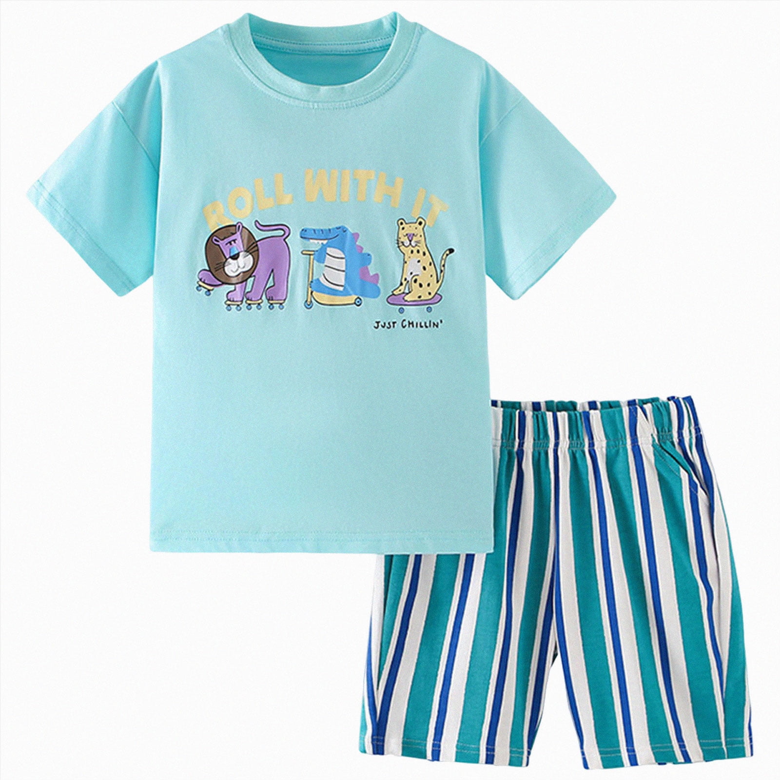 Toddler Baby Boy Outfits Summer Clothes Set Cartoon Round Neck Print Short Sleeve Cute Pattern Printed Outfits
