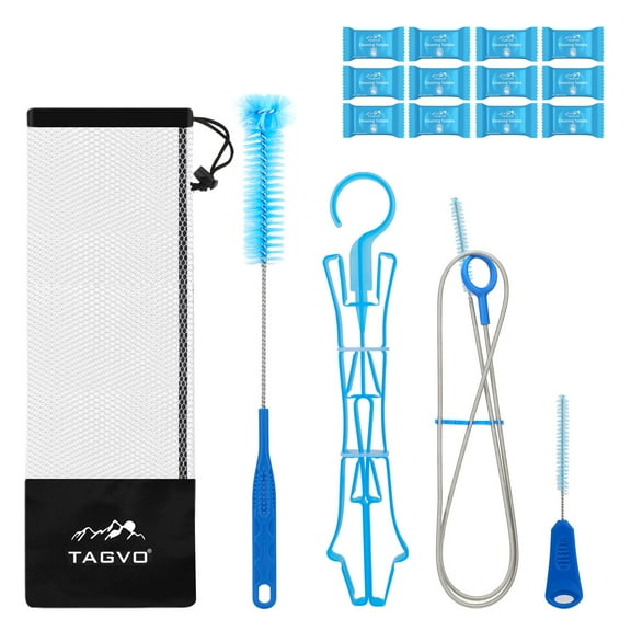 TAGVO Hydration Bladder Cleaning Kit, 6 in 1 Water Bladder Cleaner Set - 3 Brushes, Collapsible Hanger, 12 Cleaning Tablets & Carry Pouch, Water Reservoir Cleaning Tools for Hydration Backpack