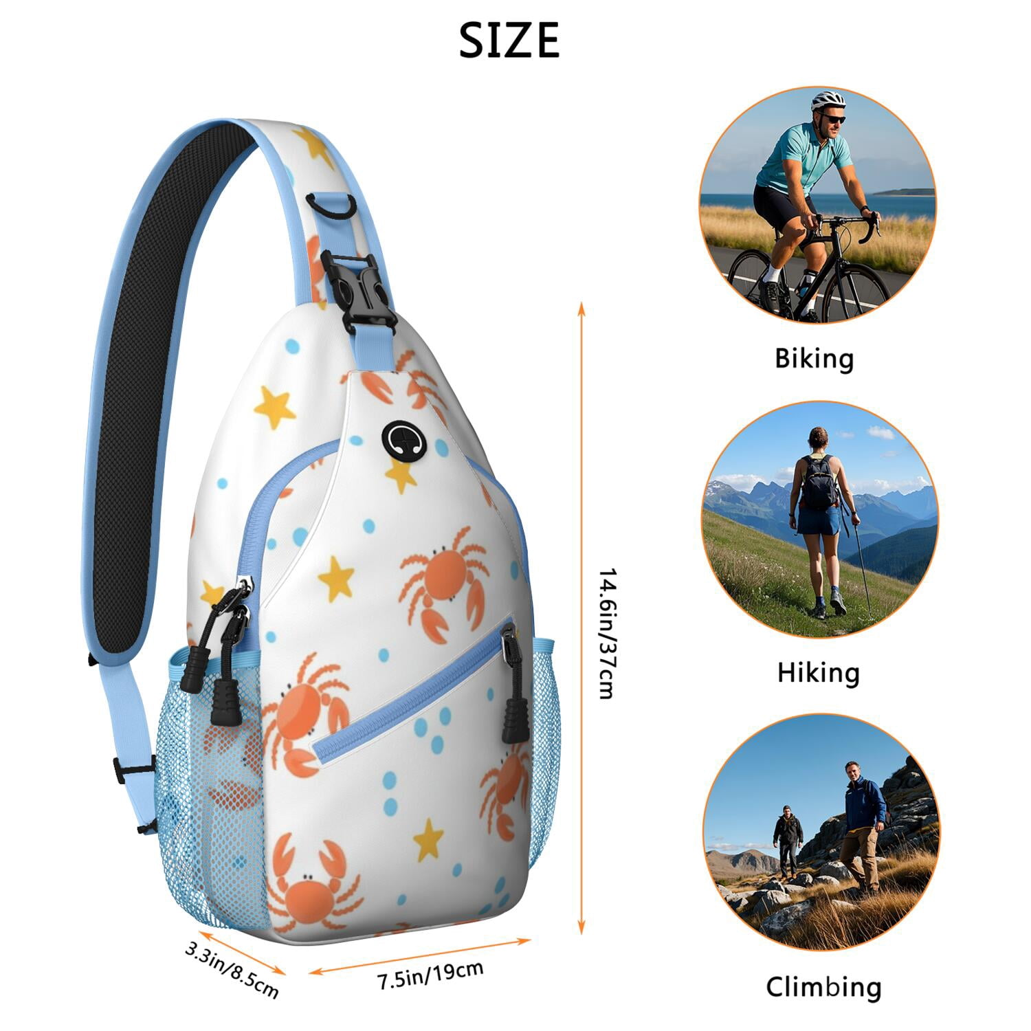 Marine Adorable Crab Crossbody Sling Bag for Women Men Fashion Backpack Crossbody Shoulder Bag Lightweight Hiking Sling Pack