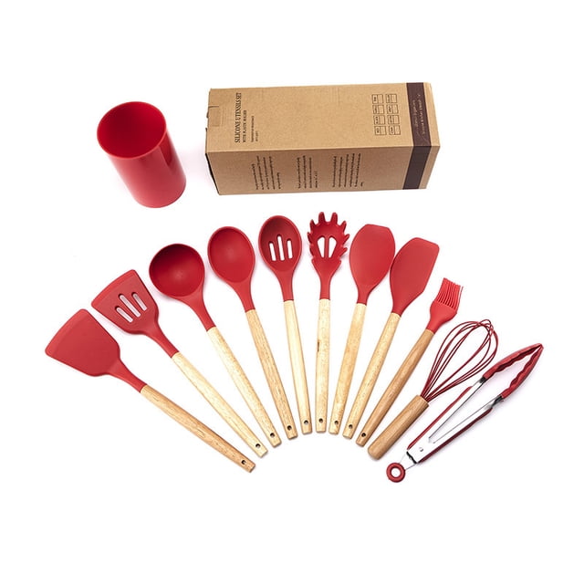 Utensilios de cocina de silicona, 12 piezas, sartén antiadherente, utensilios de cocina, espátula con mango de madera, cuchara para sopa, raspador, traje
