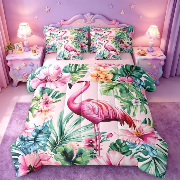 jejeloiu Soft Flamingo Flowers 7-Piece Twin Bedding Sets Kids,Tropical Botanical Leaves Bedding Comforter Set For Girls,Reversible