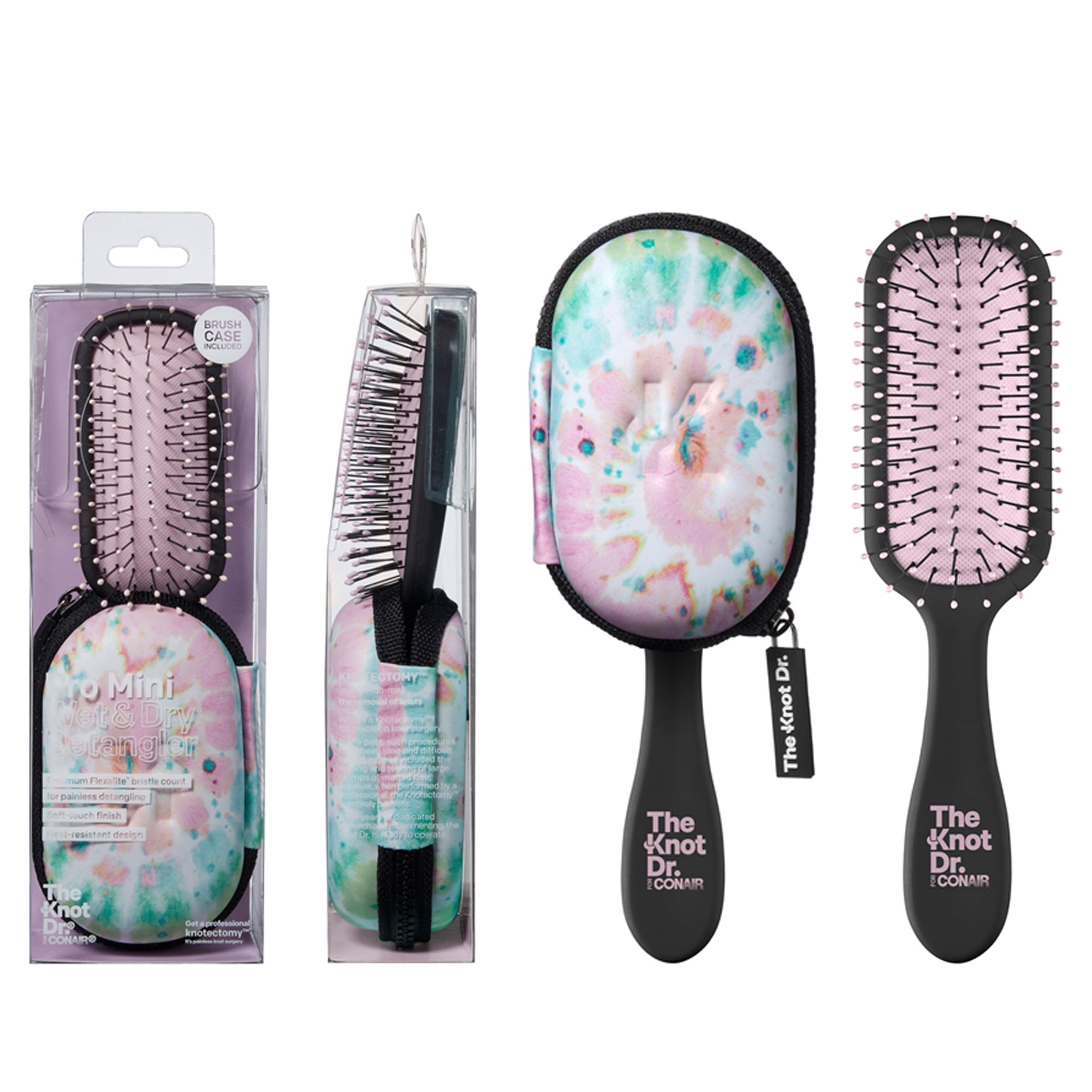 The Knot Dr. for Conair Pro Mini Wet and Dry Detangling Hairbrush with Case, Colors Vary