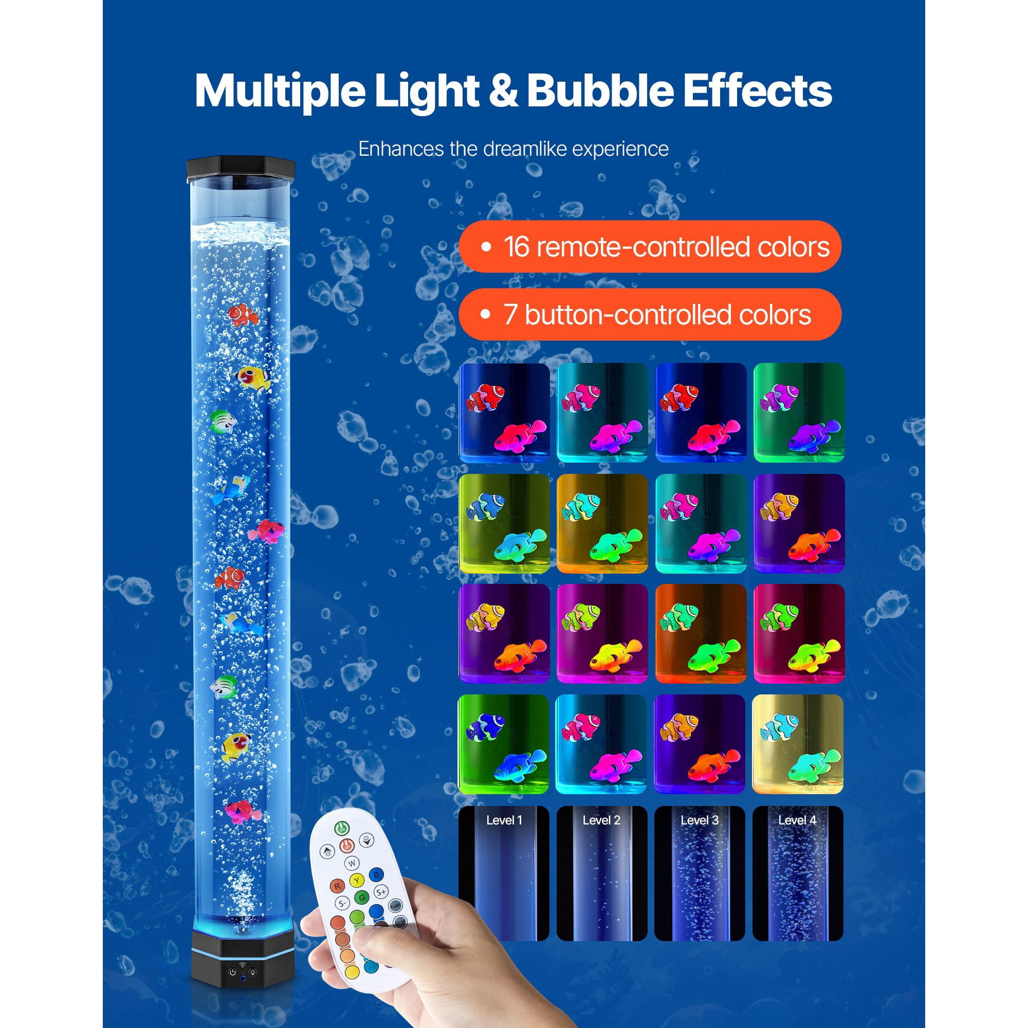 Bubble Lamp Floor-Standing 39 Inch 16 Color Remote Control Anti-Tip 40-45dB for Autism ADHD Anxiety Relief