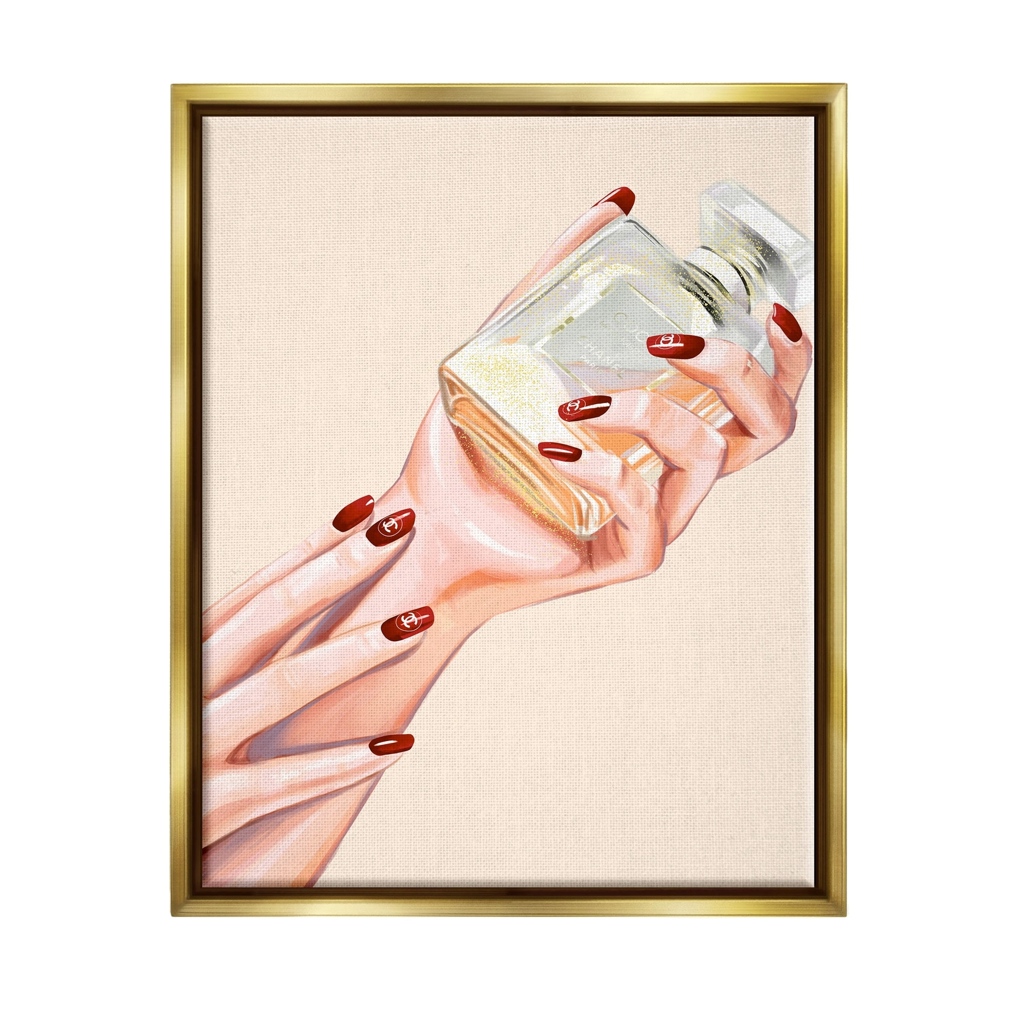 Stupell Industries Chic Red Nail Polish Holding Perfume Bottle Metallic Gold Framed Floating Canvas Wall Art, 24x30, by Ziwei Li