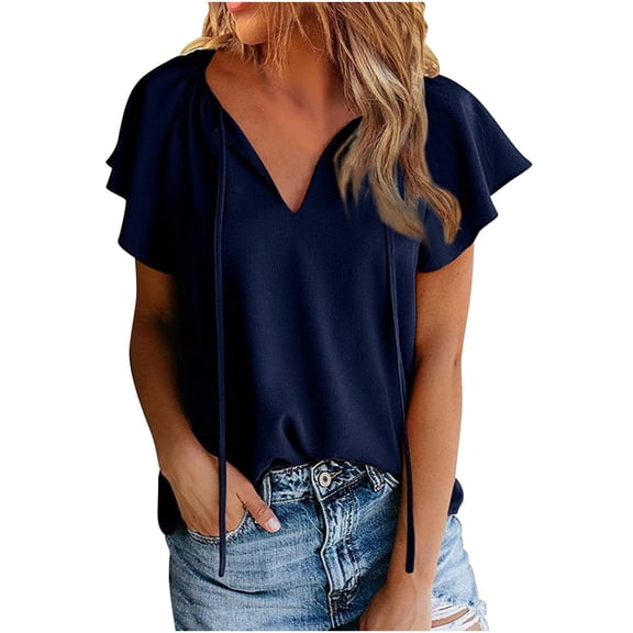 Short Sleeve Womens Blouse Petal Chiffon Short Sleeve Button up V Neck Fashion Tee Elegant Tops