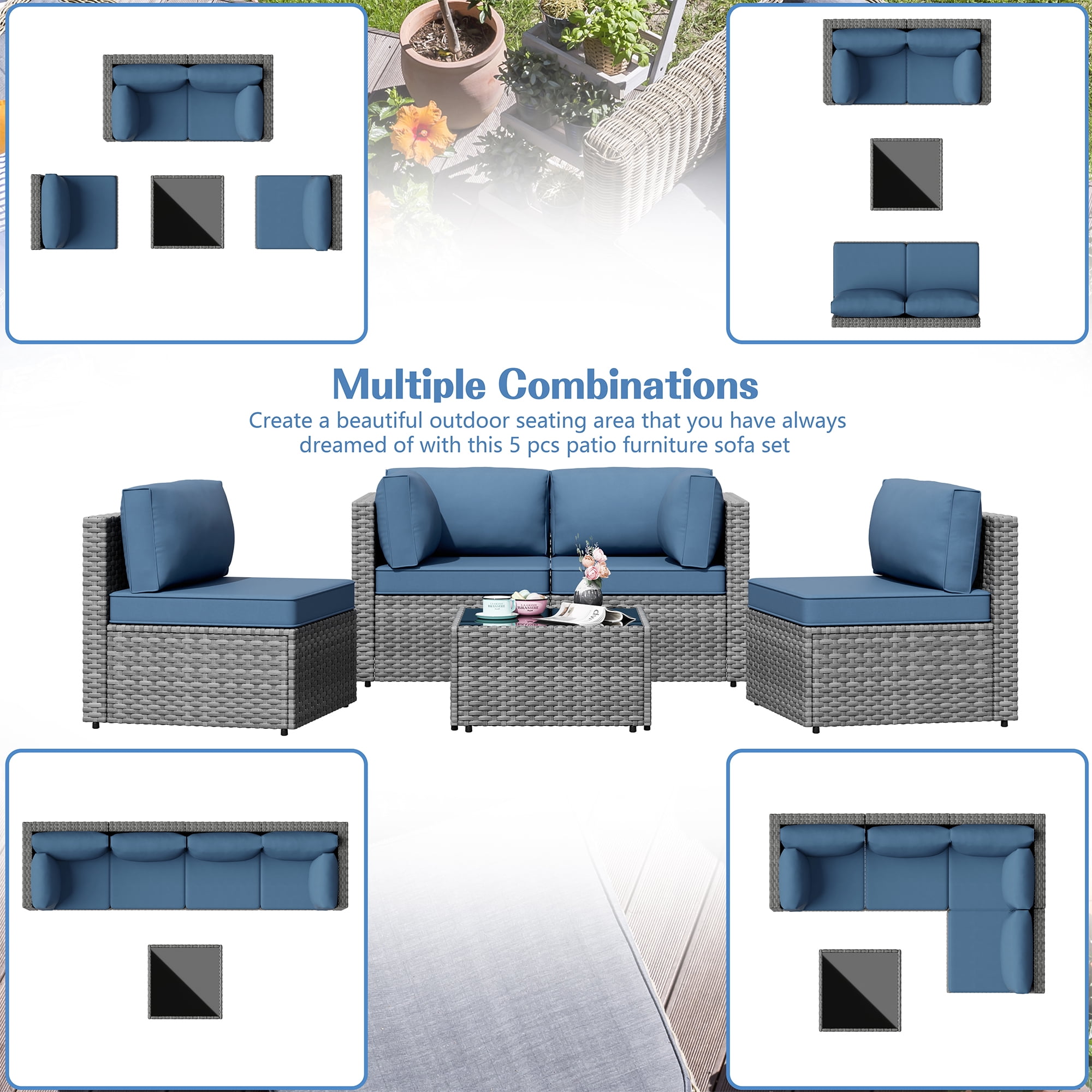 Walsunny 5 Pieces Patio Furniture Sets, Outdoor Wicker Rattan Patio Conversation Set with Cushions and Glass Table for Backyard, Garden,Pool, Silver Rattan Dark Blue Cushions