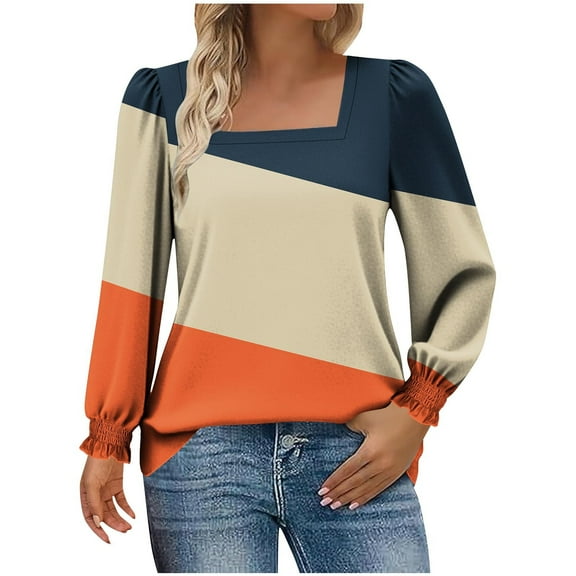 Womens Fall Clothes, Long Sleeve Shirts for Women Fashion Loose Fit Color Patchwork Square Neck T-Shirts Basic Tops