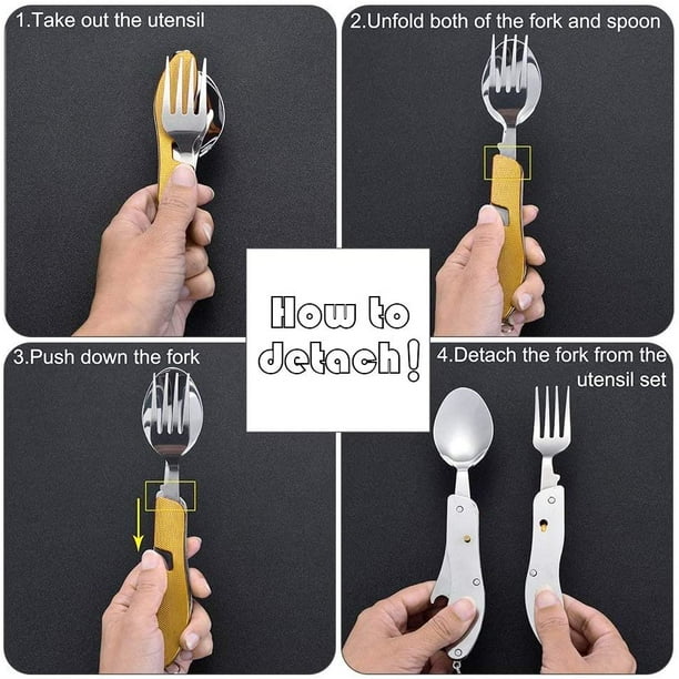 Cubiertos Plegables Camping 4 En 1 - Acero Inoxidable, Incluye Cuchillo, Tenedor, Cuchara Y Abrebotellas