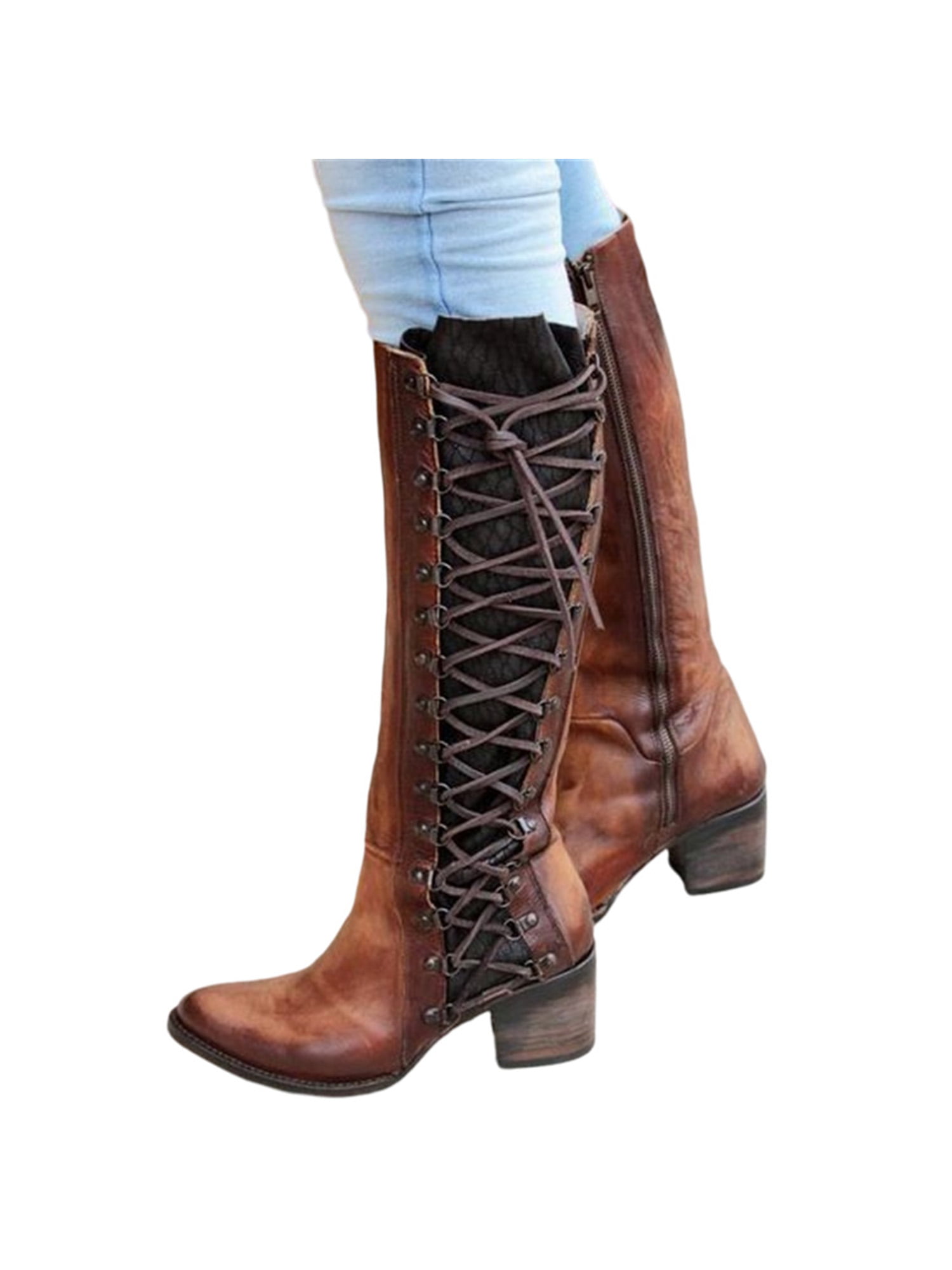 Women Tall Knee High Mid Calf Faux Leather Low Flat Heels Causal Riding Boots 