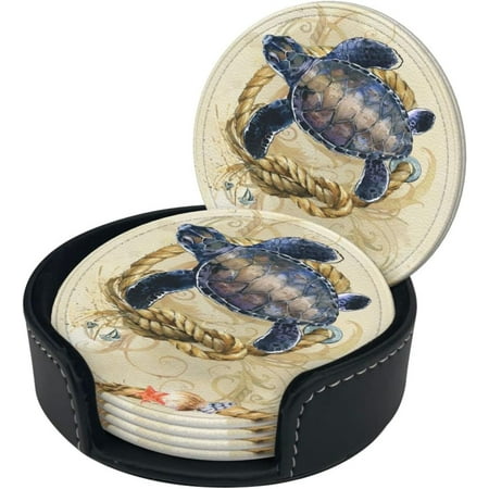 

Round Coaster Set of 6 with Holder Sea-Turtle-Curl-Ship-Rope Leather Coasters for Drinks