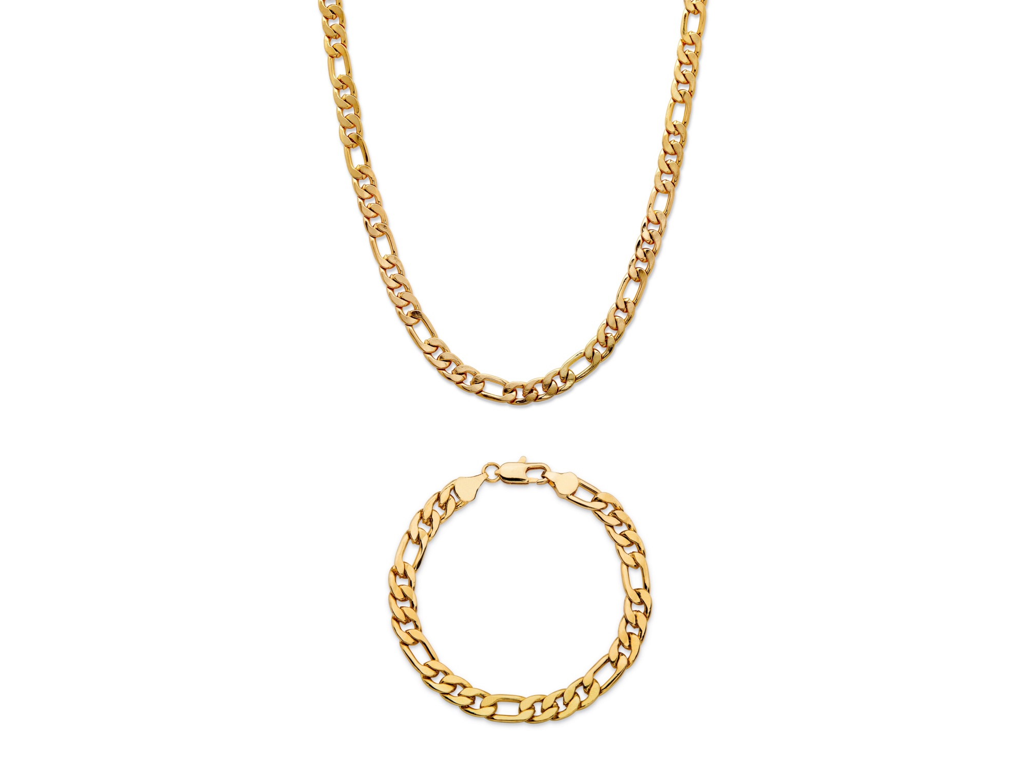 Men's FigaroLink 2Piece Chain Necklace and Bracelet Set Gold Ion