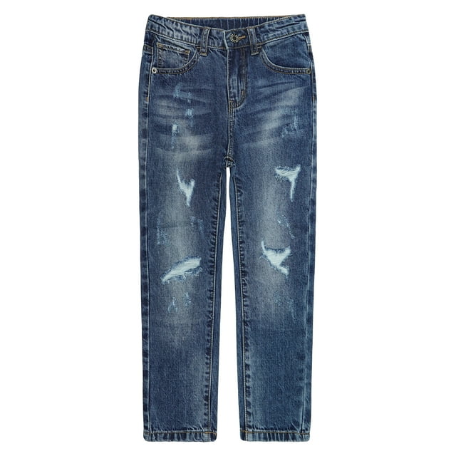 KIDSCOOL SPACE Little Girls Jeans,Elastic Waistband Inside Ripped Holes Soft Simple Desgin Denim Pants,Light Blue,7