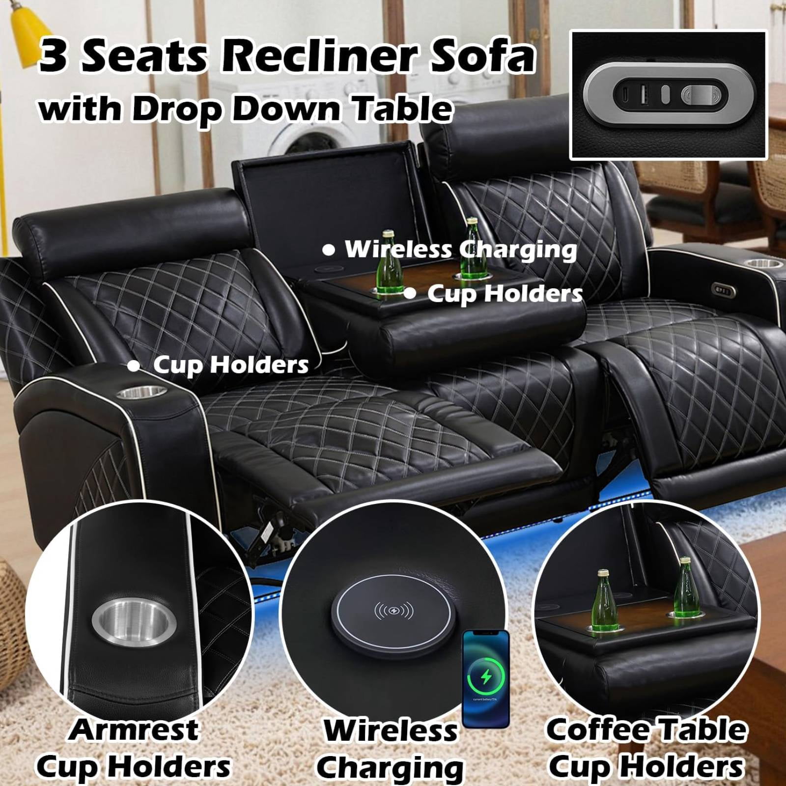 Electric Power Recliner Sofa Chair with USB Ports and Cup Holders, 3 Seater Leather Reline Couch Home Theater for Living Room, Black