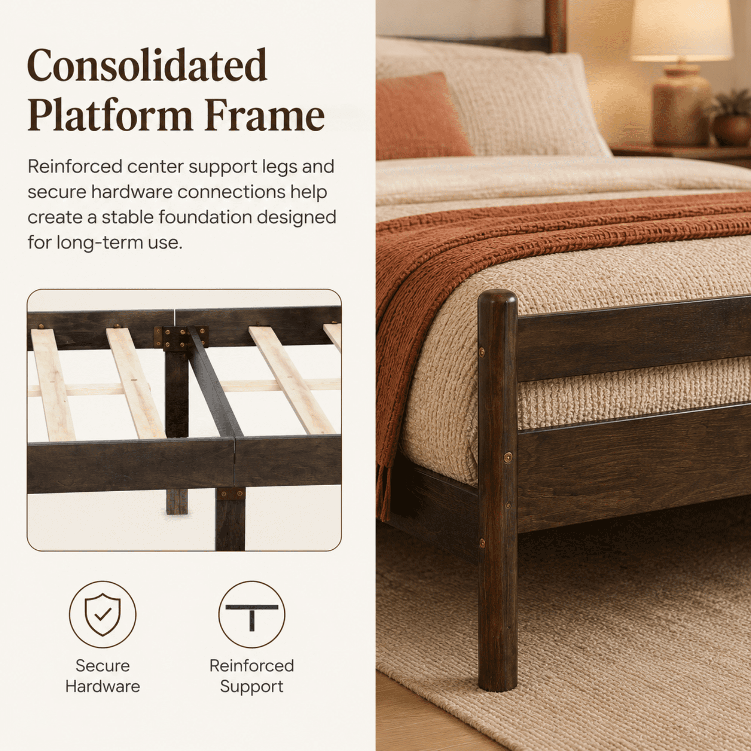 Miniyam Queen Pine Wood Platform Bed Frame with Spindle Headboard, 9.8" Underbed Storage, Brown