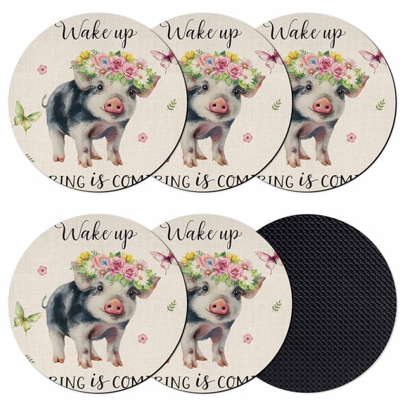 Spring Pig Coasters Set of 6, Absorbent Coasters for Drinks, Butterfly Botanical Floral Rustic Coaster for Desk Coffee Table Protection, Home Decor House Warming Gifts 4"