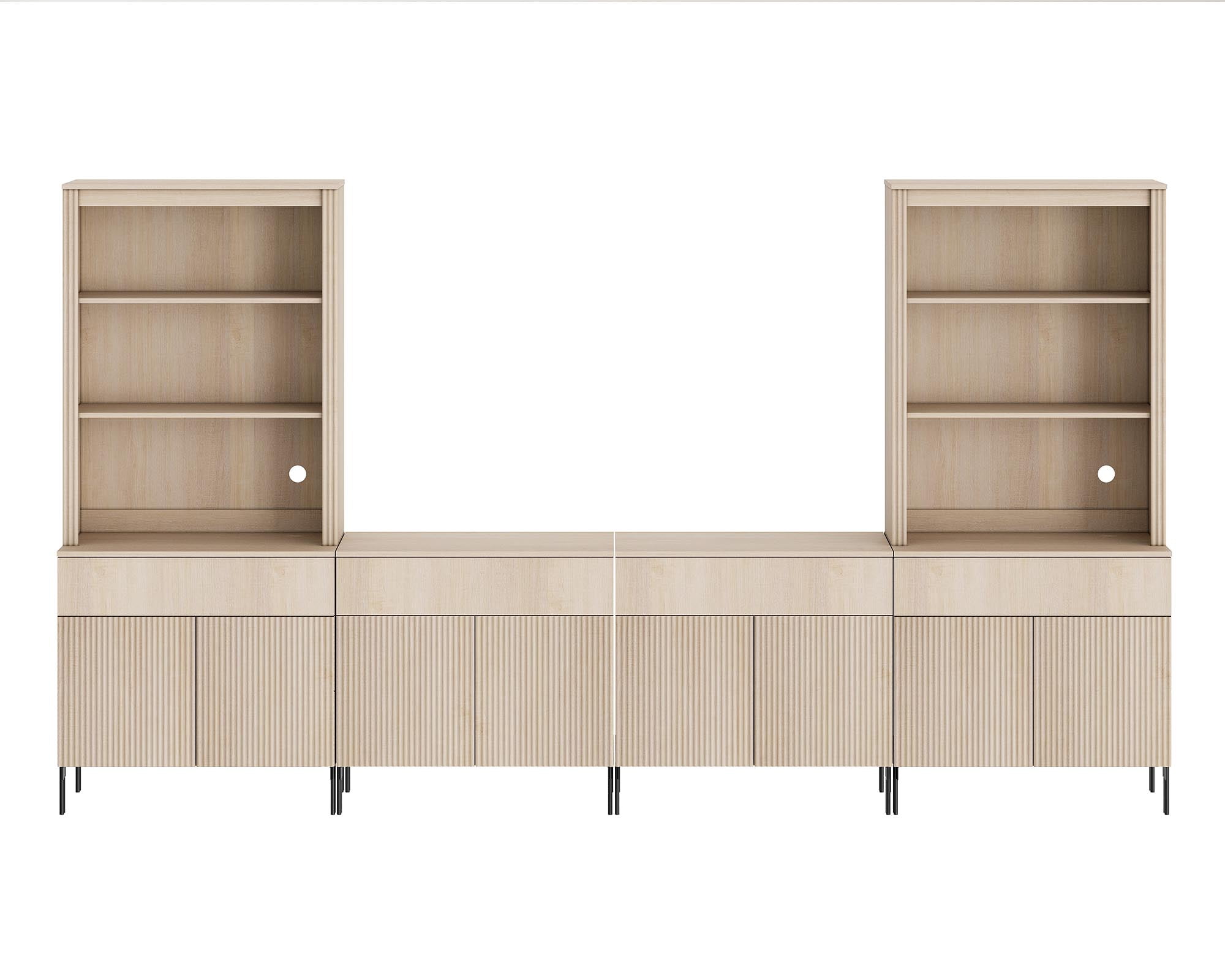 71" Tall Arched Kitchen Pantry Cabinet, Wood Bookcase Display Cabinet With Drawers And Open Arched Shelves, Mid-Century Modern Versatile Cupboard For Dining Room, Bedroom
