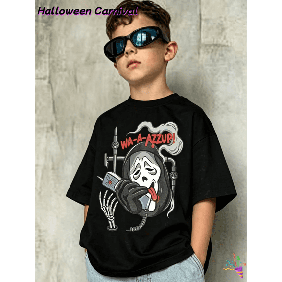 Halloween Boys T-Shirt Ghost Funny 100% Cotton Short Sleeve Tees Gift For Kids