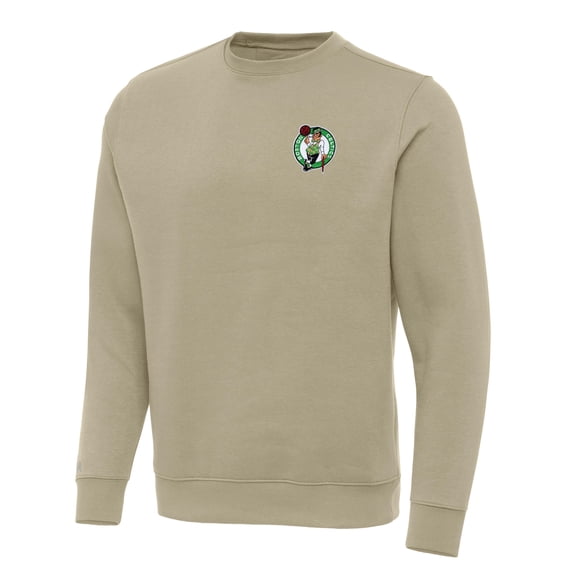 Men's Antigua Khaki Boston Celtics Victory Crewneck Pullover Sweatshirt