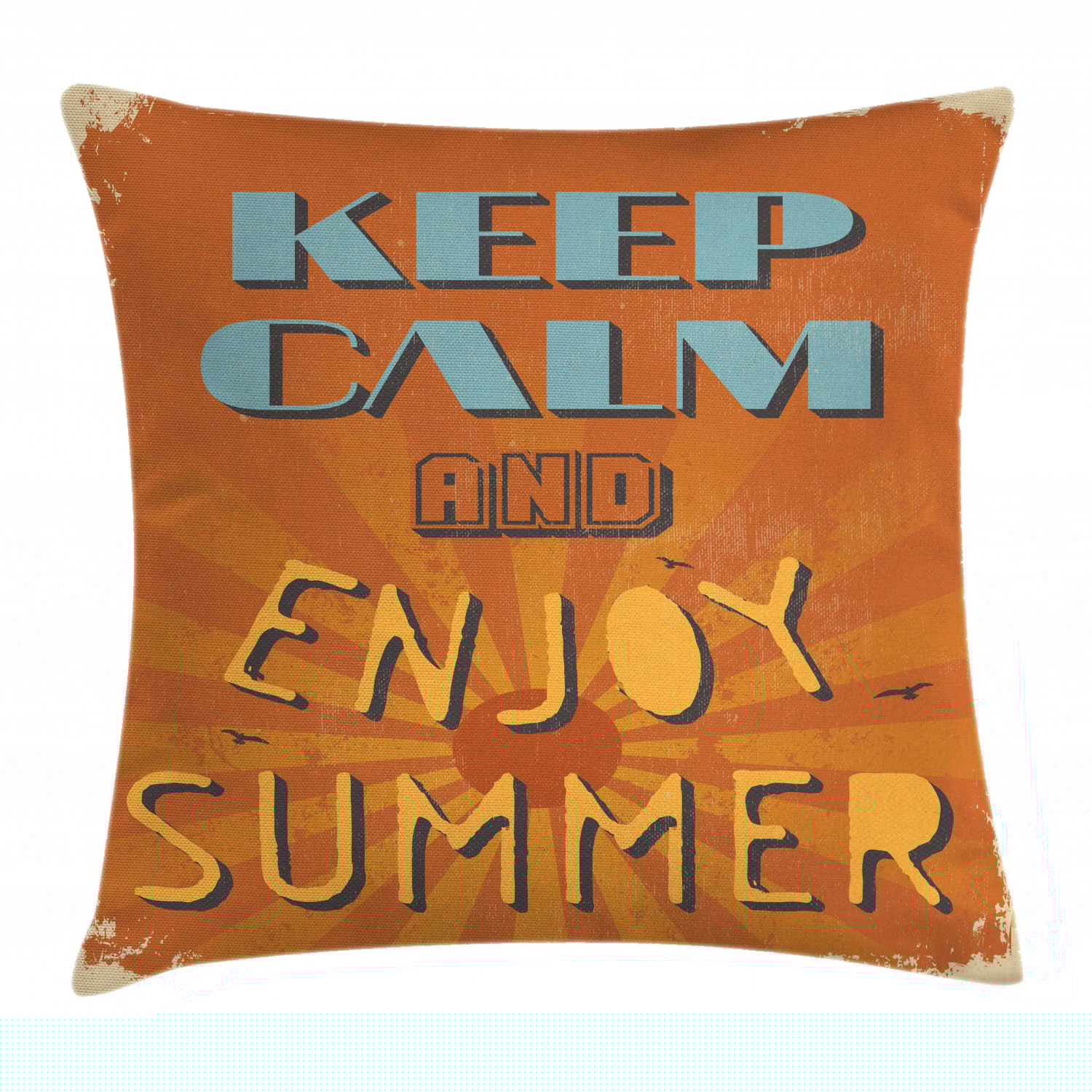 thumbnail image 1 of Keep Calm Throw Pillow Cushion Cover, Grunge Retro Enjoy Summer Lettering Sun Beams, Decorative Square Accent Pillow Case, 24" X 24", Burnt Orange Pale Slate Blue Pale Orange Ecru, by Ambesonne, 1 of 2