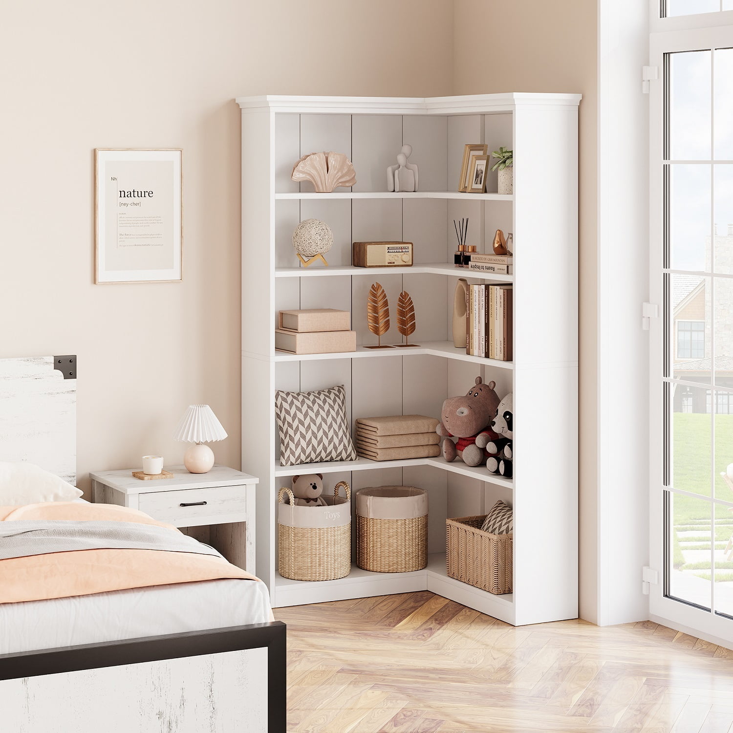 EuKer 5 Tier Corner Bookcase, L-Shaped Bookshelf with Large Storage Capacity for Living Room, Bedroom, Office (Full Panel, White)