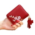 thumbnail image 1 of Cartera corta estilo estudiante para niña con bordado de cuero PU y flores color rojo, 1 of 5