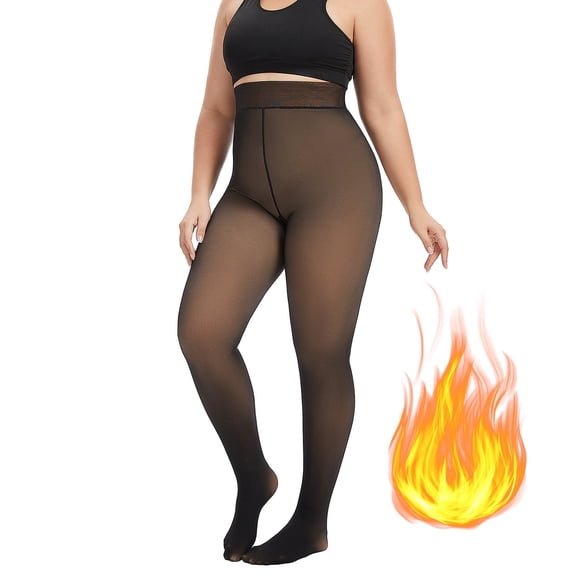 Fleece Lined Tights for Women, PUTUO Plus Size Tights, Sheer Leggings Fake Translucent Plus Size Pantyhose, Winter Thermal High Waisted Pantyhose for Women, Black