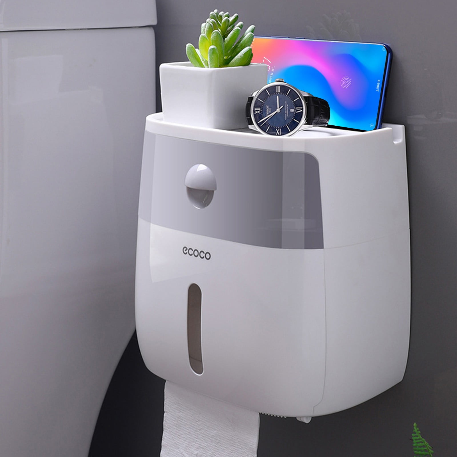 Kezqiaxn Toilet Paper Holder with Shelf Wall-MountedSensor Tissue Box- Sensor Automatic Paper Dispensing Machine- Punch- Paper Box for Household and Commercial Bathrooms- Transparent Viewin