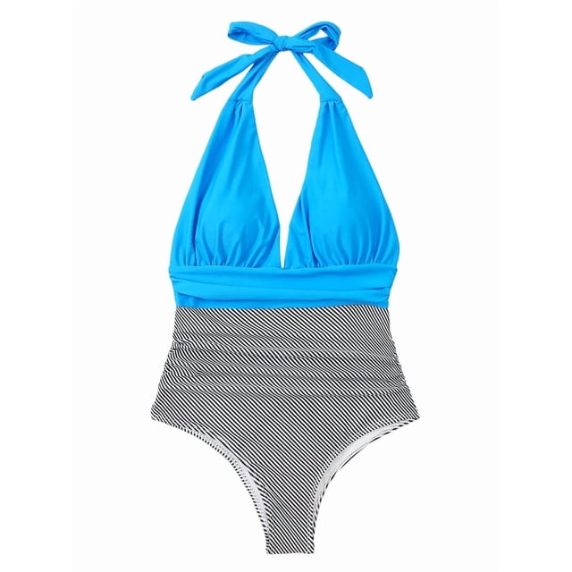Women One-Piece Swimsuit Front Ruched Leopard Tummy Control High Waist Halter Lace Up Bikini Dress Blue L