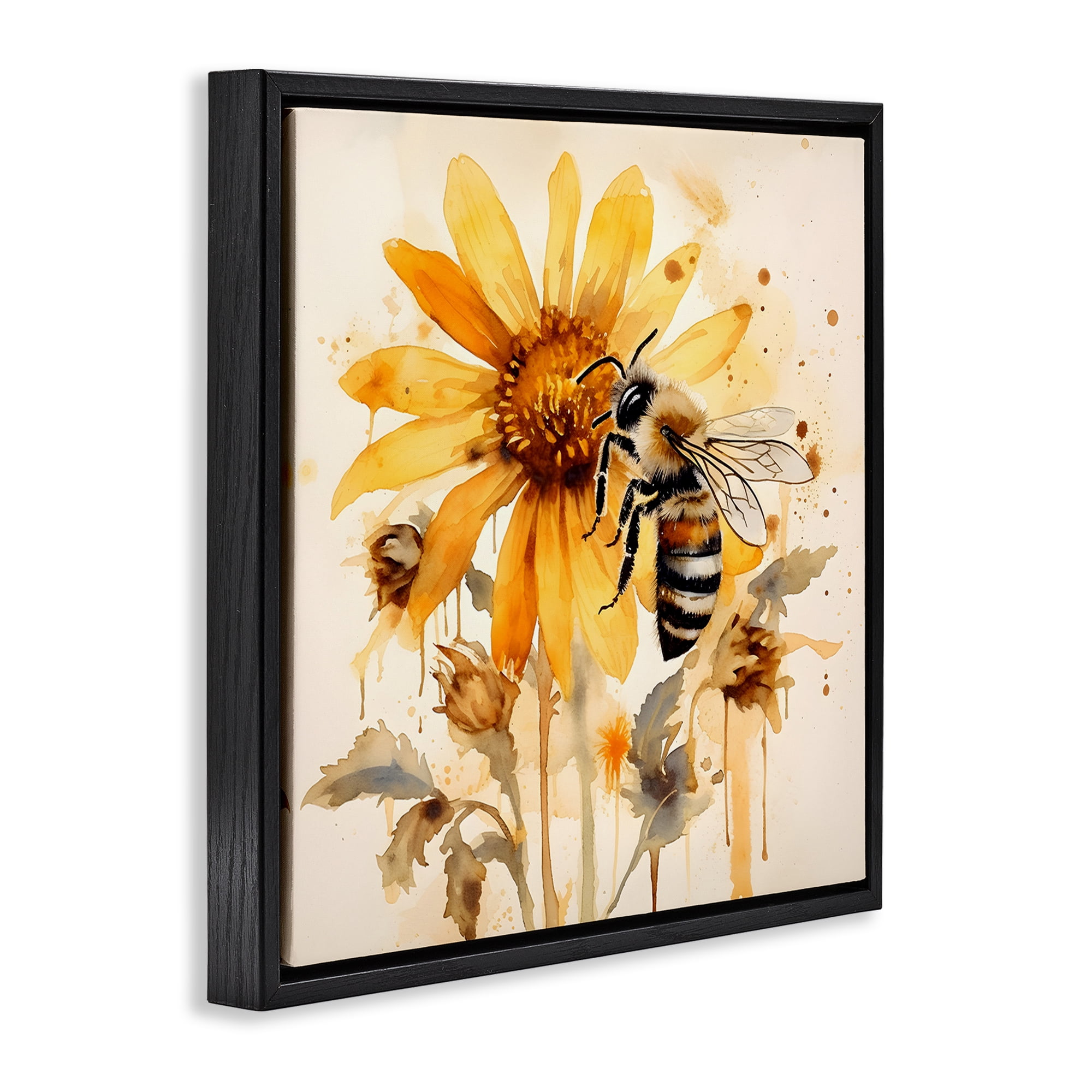 Stupell Industries Busy Bee with Flower Animals & Insects Painting Black Floater Framed Canvas Art Print Wall Art, 25 x 25