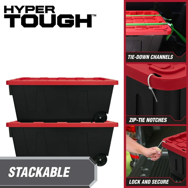 Hyper Tough 27 Gallon Snap Lid Plastic Storage Bin Container, Black with  Red Lid