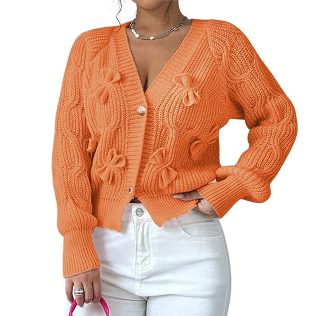 Cárdigan de Punto Grueso con Lazo para Mujer, Abierto Al Frente, , de Larga, con Botones, para Invierno. Naranja L