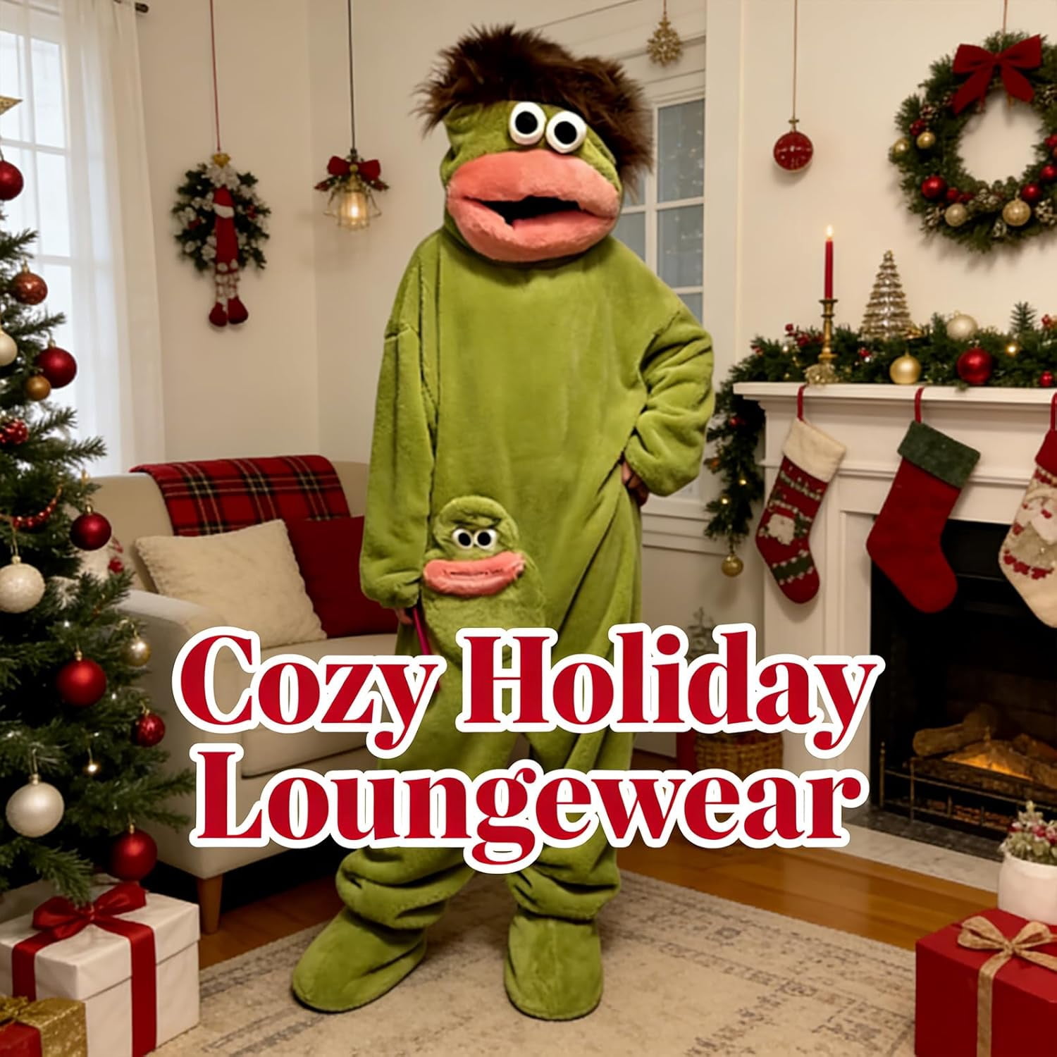 Monster Onesie, Big Mouth Monster Onesie, Green Plush Monster Onesie Pajamas, With Soft Fabric, Long Sleeves Soft Plush Loungewear