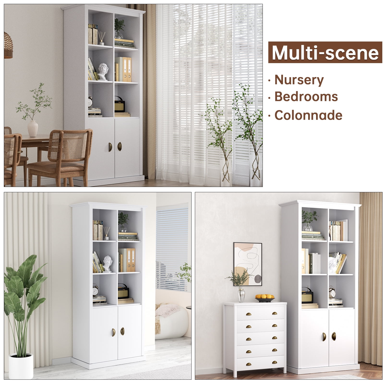 Nathaniel Home, 70'' Versatile Bookcase with Doors, Floor Standing 5-tier Bookshelf, Storage Cabinet for Living Room, Home Office Decor Furniture White