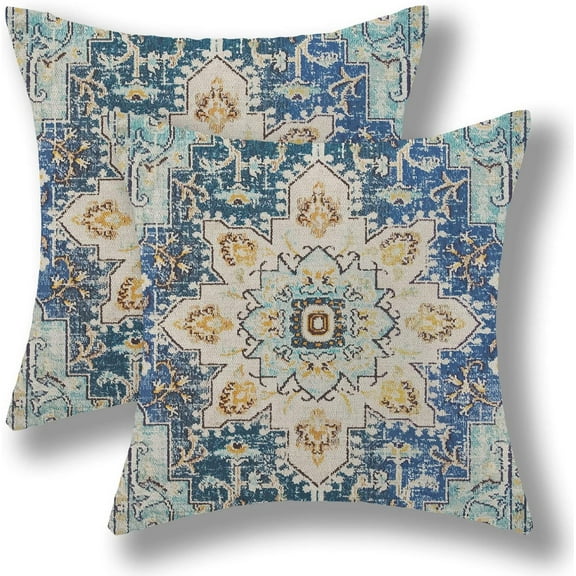 Boho Pillow Covers 18x18 Set of 2, Blue Yellow Carpet Ethnic Design Farmhouse Decorations Throw Pillow Covers Bohemian Pattern Outdoors Decorative Linen Cushion Case for Couch Sofa Home