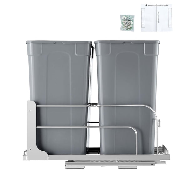 Heavy Duty 35 QT Double Under Mount Pull Out Trash Can with Soft Close Slide Door Kit for Kitchen Cabinet Sink Counter Grey