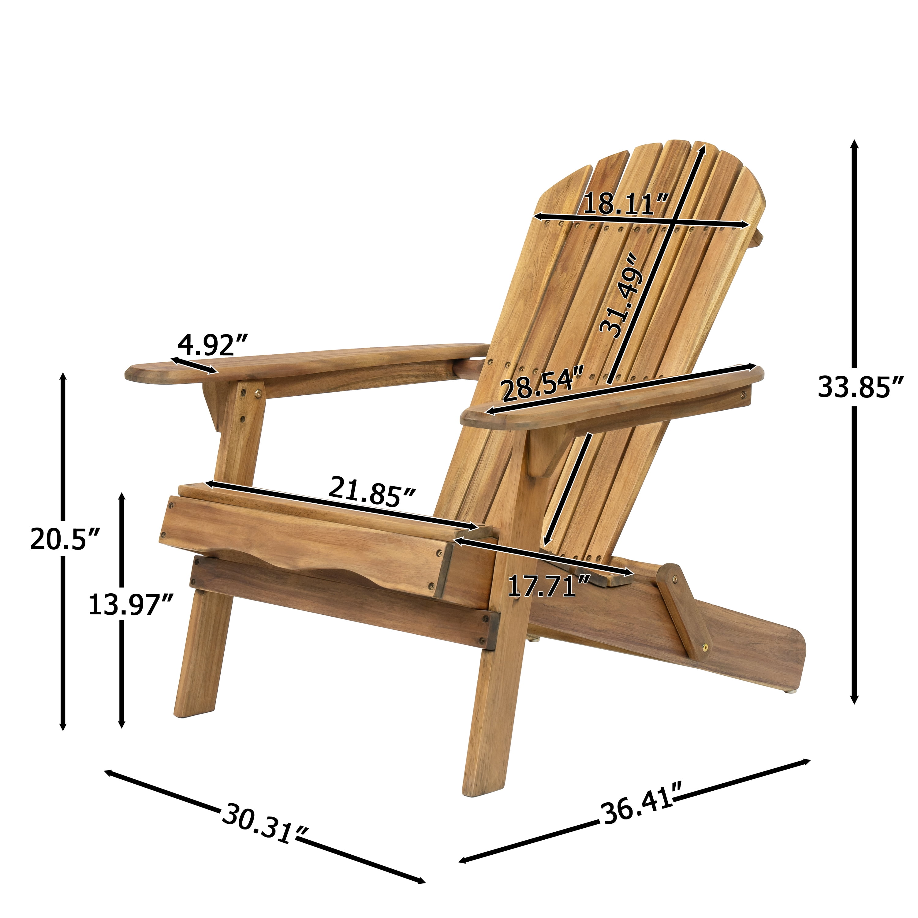Folding Adirondack Chair, Teak Finish Acacia Wood Outdoor Lounge Chair with Slatted Back and Wide Armrests, Foldable Fire Pit Chair for Patio Garden Backyard Relaxation