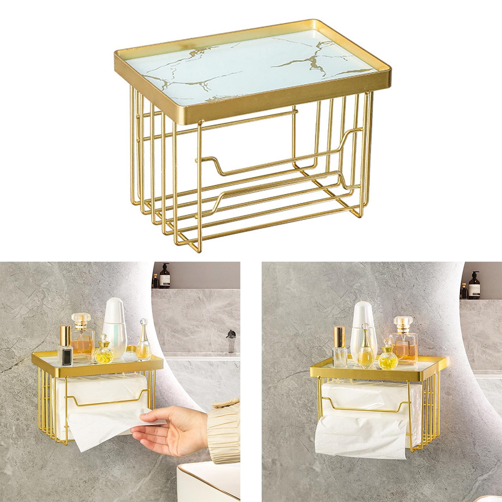 Fiocias Toilet Paper Holder with Shelf Self Adhesive Tissue Roll Dispenser and Organizer White Gold Tray