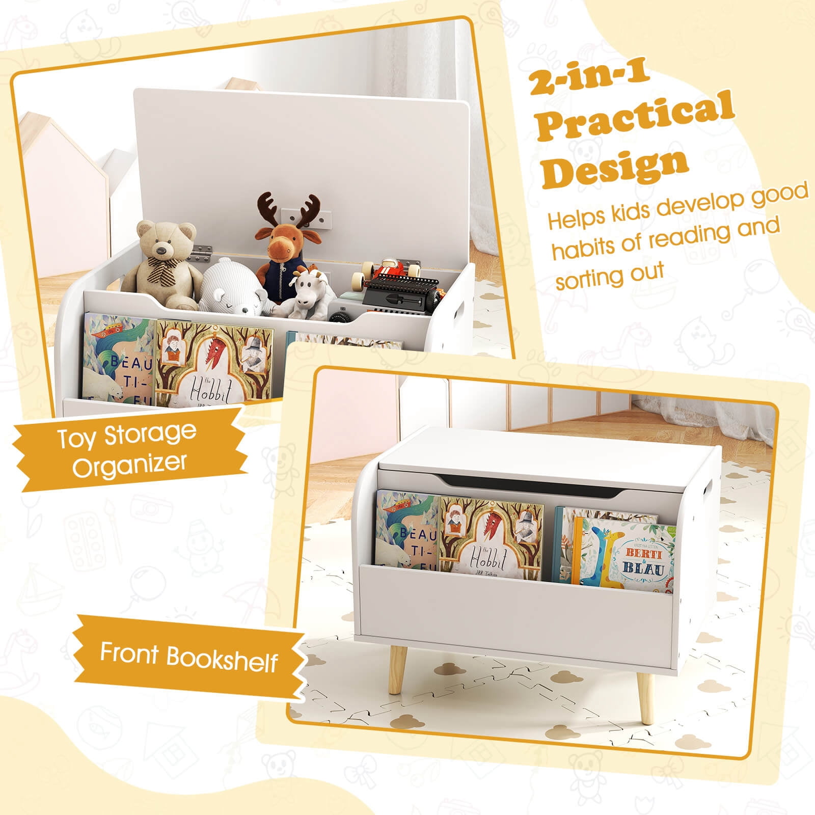 Costway Kids Wooden Toy Box with Front Bookshelf 4 Solid Wood Legs Flip-top Lid for Nursery White