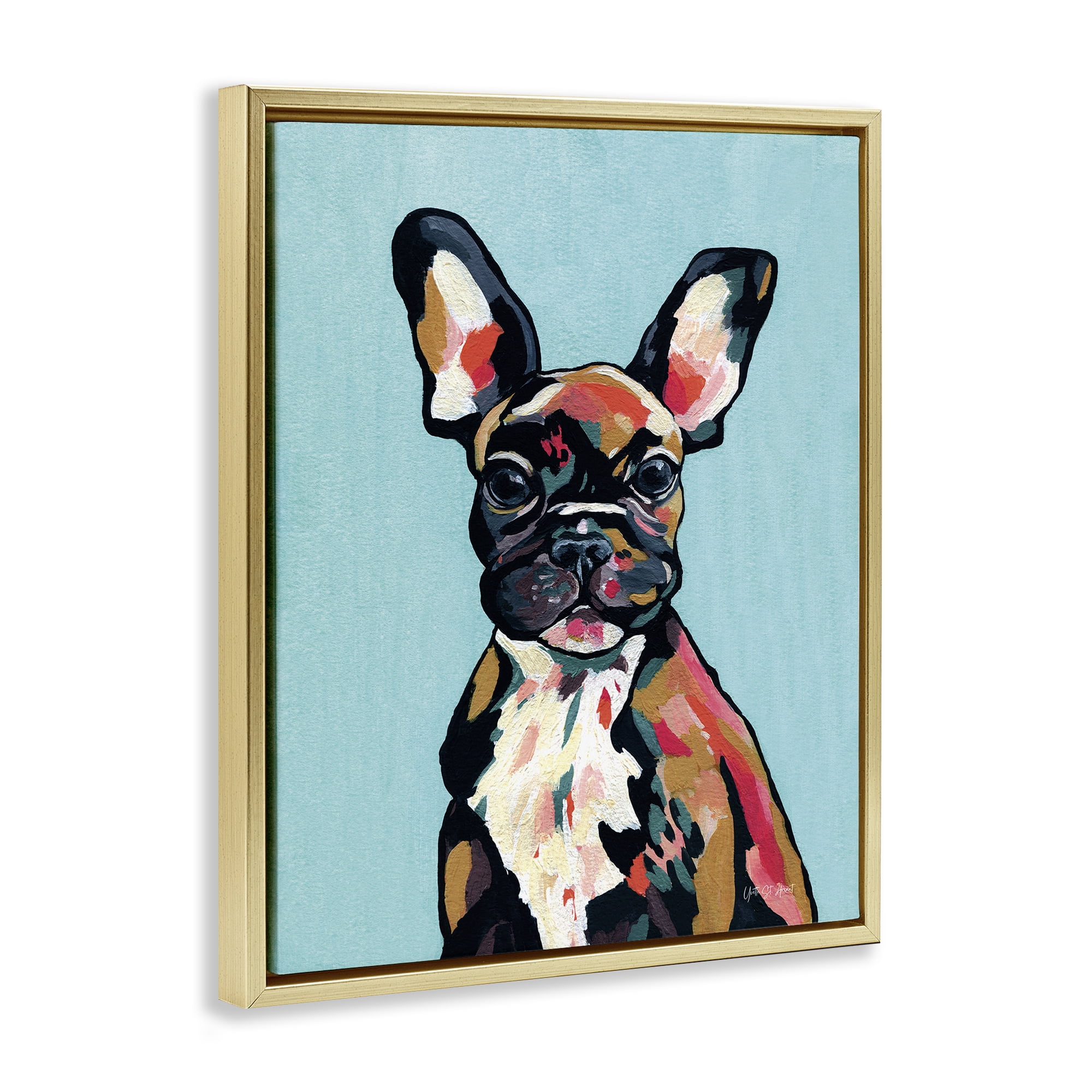 Stupell Industries French Bulldog Modern Animals Painting Gold Floater Framed Canvas Art Print Wall Art, 17 x 21