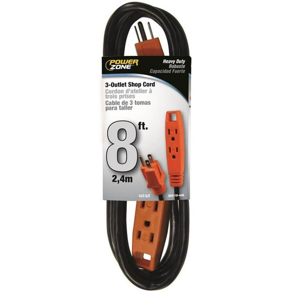 PowerZone OR890708 Extension Cord, 8 ft L, Grounded Plug, 3 -Outlet, Receptacle Outlet, 15 A, 125 V