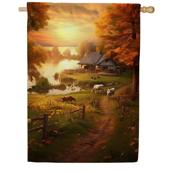 America Forever Farmhouse Sunset House Flag, 28 x 40 inches Double Sided, Autumn Scene Flag, Farm Animals House Flag, Fall Leaves Seasonal Outdoor Flags for Yard, Lawn, and House