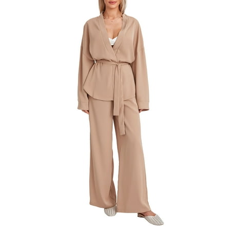 

Tsseiatte Women 2 Piece Loungewear Long Sleeve Chiffon Kimono with Belt and Loose Pants Pajama Set Soft Sleepwear for Nightwear