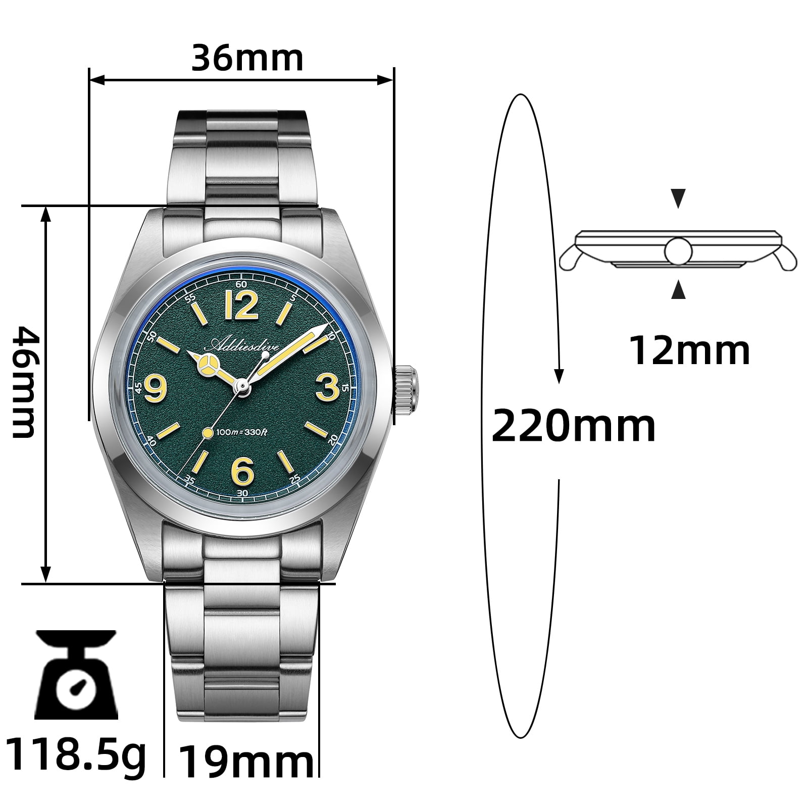 ADDIESDIVE Watches for Men Diver 100m Waterproof, 316L Stainless Steel, Japanese Quartz Movement,Luminous Green Dial