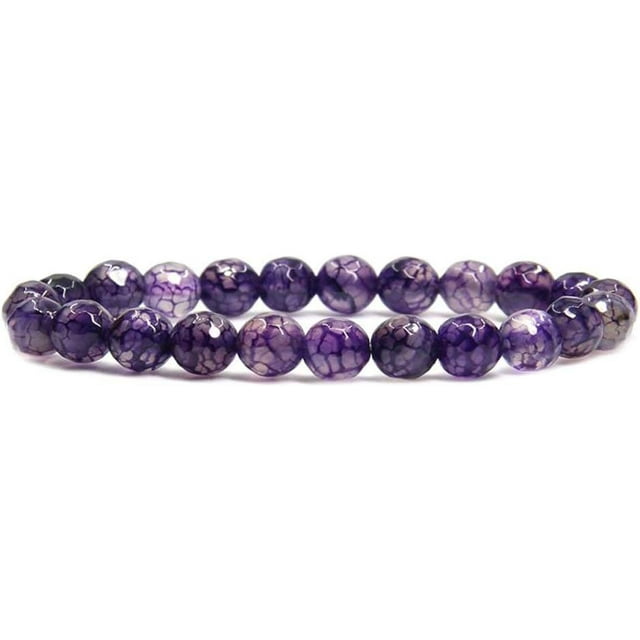 Bracelet Extensible en Perles Boule 8 mm en Pierre Précieuse Semi-Précieuse Agate Violette Facettée 7 Pouces Unisexe