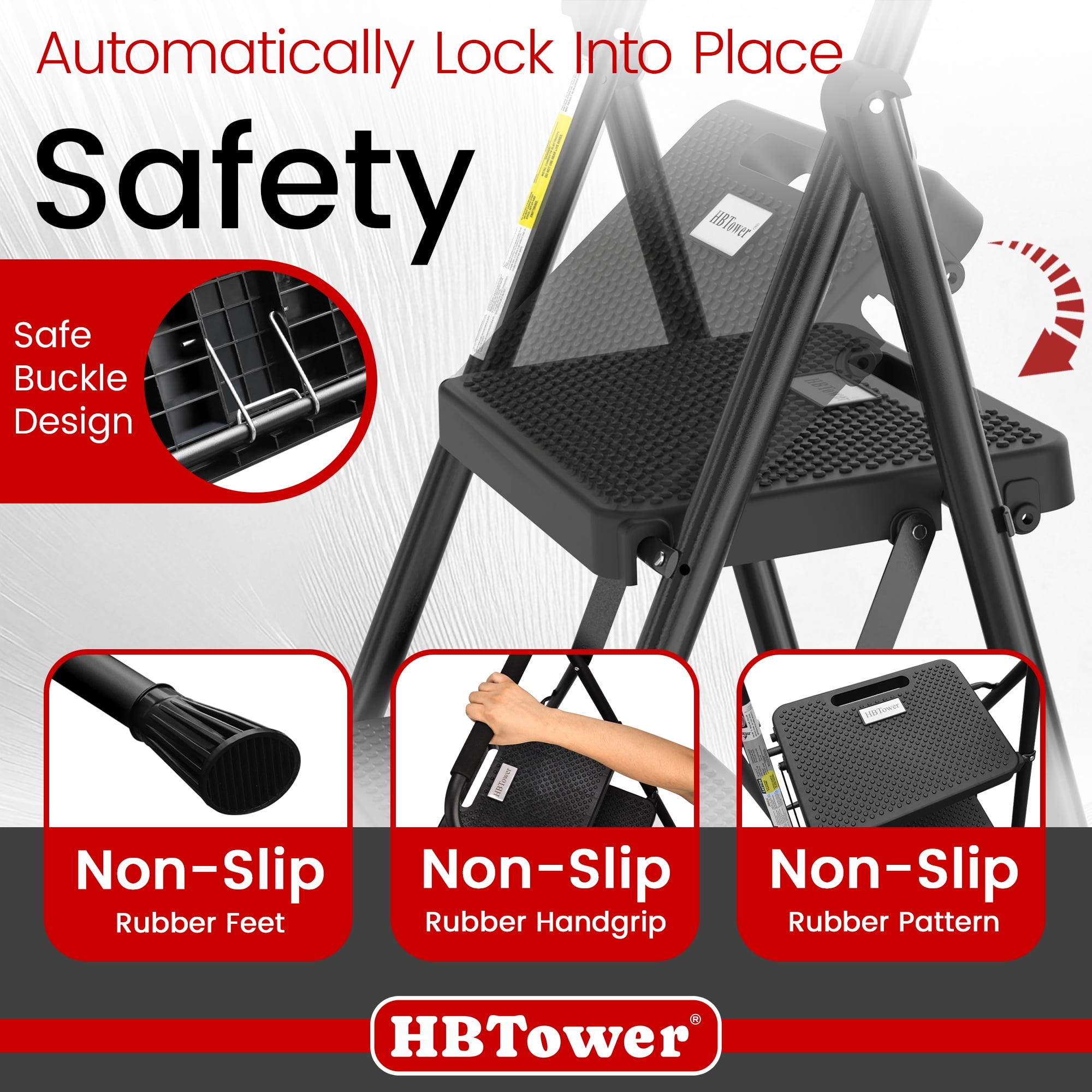 HBTower 3 Step Ladder, Folding Step Stool with Wide Anti-Slip Pedal, Convenient Handgrip, Lightweight 500lbs, Portable Steel Step Stool, Black