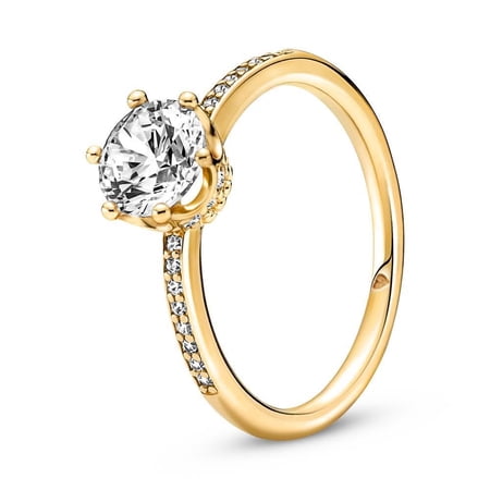 Pandora Clear Sparkling Crown Solitaire Ring - Gold Ring for Women - Gift for Her - 14k Gold-Plated Shine with Cubic Zirconia - Size 6, No Gift Box