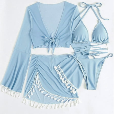Jjayotai Women s 4 Pieces Swimsuits  Cover Up Set Sheer Flare Long Sleeve Crop Top and Beach Skirt Swimwear  Tie Back Bikini Set Beach Swimwear Sky Blue S