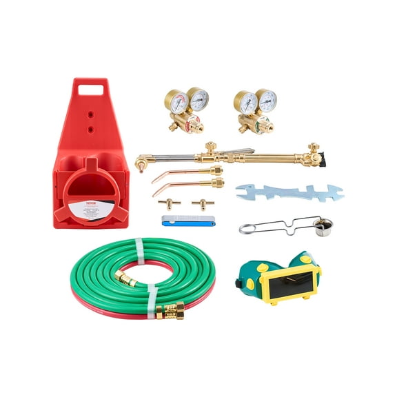 VEVOR Oxygen Acetylene Torch Kit, Gas Welding Cutting Torch Kit, 14PCS Portable Oxy Acetylene Brazing Set with 177'' Twin-Hose, Cutting Nozzle, 2 Welding Tips & Cylinder Holder (without Gas Cylinder)